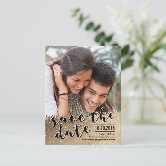 Funkelnde Liebe Save the Date Postkarte (Stehend Vorderseite)