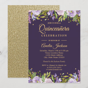 Funkelnde lila-goldene Blumen-Quinceanera-Einladun Einladung