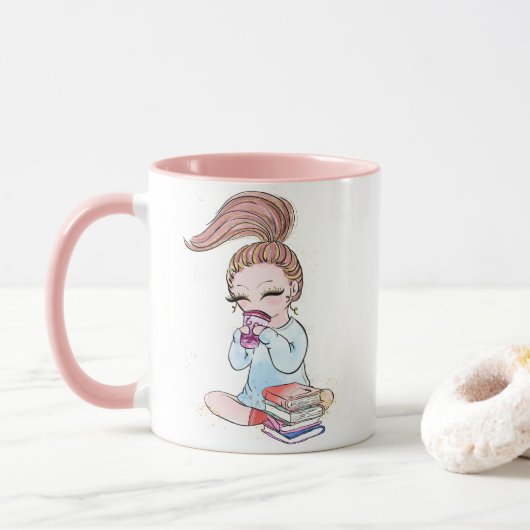 Funkelnde Mädchen-Café-Bücher Tasse (Mit Donut)