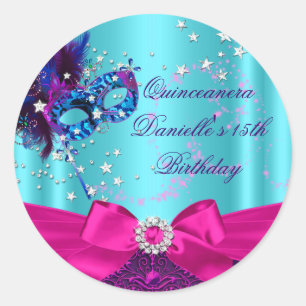 Funkelnde Maske & Schleife Quinceanera Geburtstags Runder Aufkleber