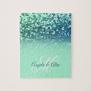 Funkelnde Mintblaue Glitter Türkis Ombre Monogramm Puzzle