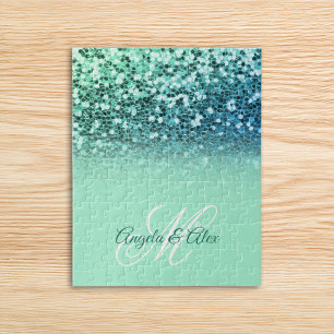 Funkelnde Mintblaue Glitter Türkis Ombre Monogramm Puzzle