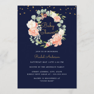 Funkelnde Navy-Pfirsich-Gold-Kranz-Baby-Party Einladung