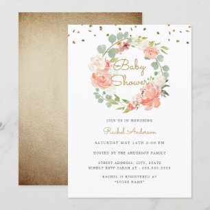 Funkelnde Pfirsich-Gold-Kranz-Baby-Party Einladung