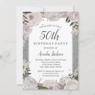 Funkelnde Pink Silber Blumen 50. Geburtstag Einladung