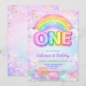 Funkelnde Regenbogen 1. Geburtstagsfeier Einladung (Vorne/Hinten)