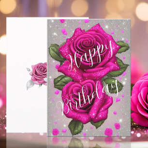 Funkelnde rosa Rosen auf silbergrauem Geburtstag Karte