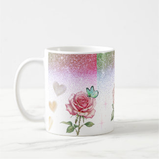 Funkelnde Rose und Schmetterling Kaffeetasse
