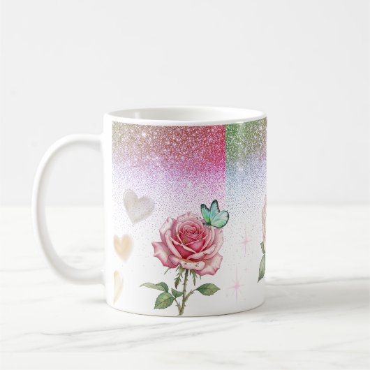 Funkelnde Rose und Schmetterling Kaffeetasse (Links)