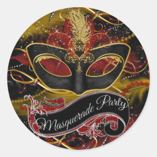 Funkelnde Rot & Gold Feder Maske Masquerade Aufkle Runder Aufkleber