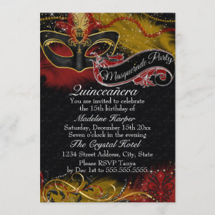 Funkelnde rote & goldene Masken-Quinceanera-Masque Einladung