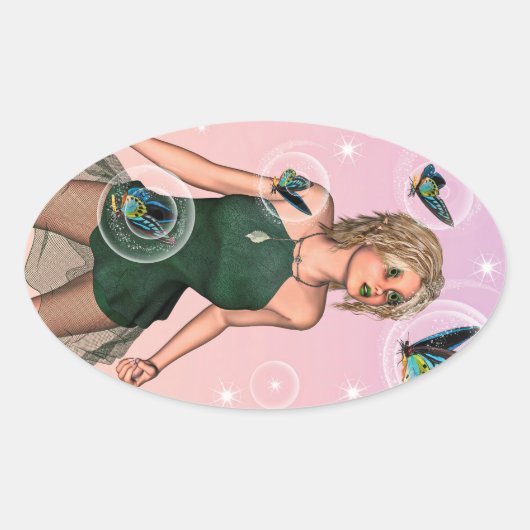 Funkelnde Schmetterlingsfee Fantasy-Kunst Ovaler Aufkleber (Vorderseite)