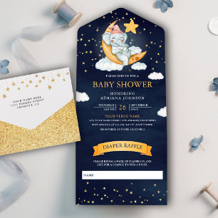Funkelnde Sterne Mond Elefant Navyblau Baby Shower All In One Einladung
