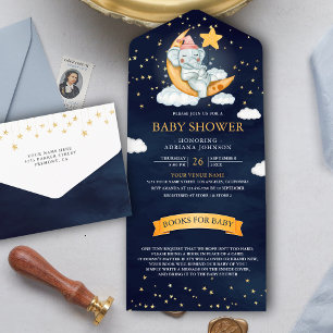 Funkelnde Sterne Mond Navy Blau Elefant Baby Showe All In One Einladung