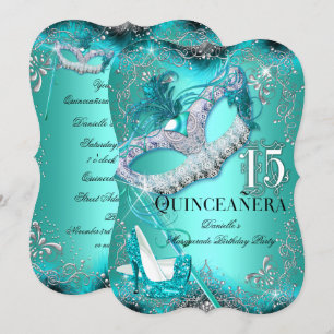 Funkelnde Teal-Maskenball-Quinceanera-Geburtstag Einladung