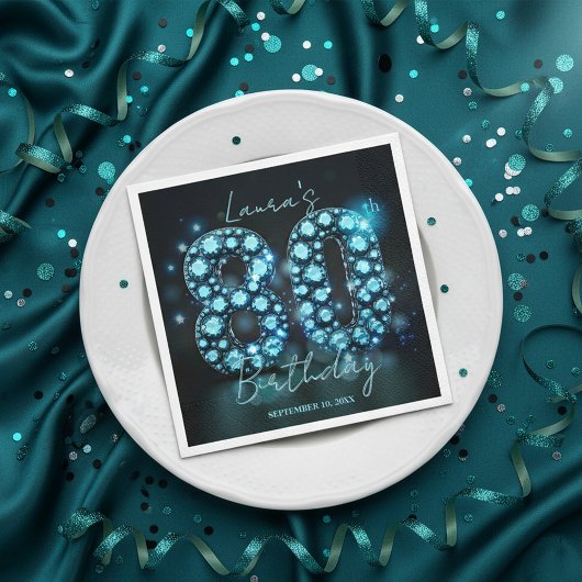 Funkelnde Türkis-Schwarze Diamantene 80. Geburtsta Serviette
