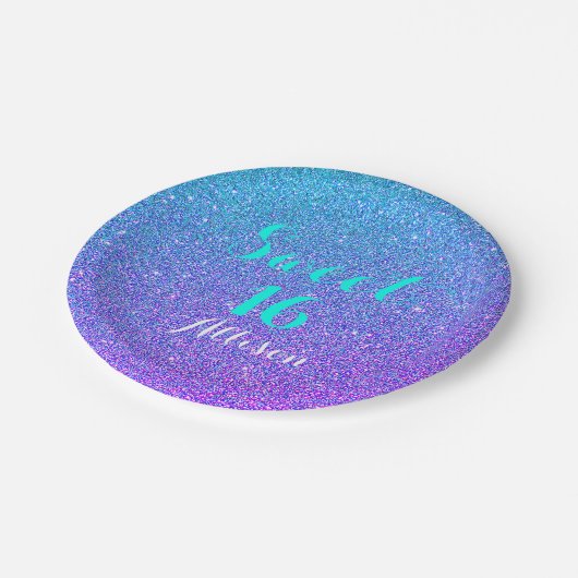 Funkelnder Bonbon 16 aquamariner lila Ombre Pappteller (Schrägansicht)