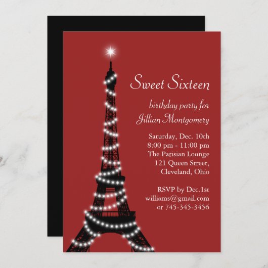Funkelnder Eiffelturm im Rot Einladung (Vorne/Hinten)