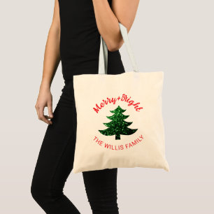 Funkelnder Froher heller Weihnachtsbaum Benutzerde Tragetasche