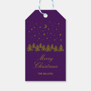Funkelnder goldener Weihnachtsbaum, Mond, Sterne a Geschenkanhänger