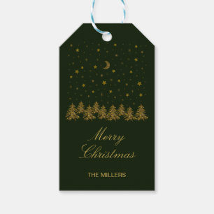 Funkelnder goldener Weihnachtsbaum, Mond, Sterne a Geschenkanhänger