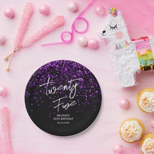 funkelnder Lila Glitzer Schwarz jedes Alters Gebur Pappteller (Party)