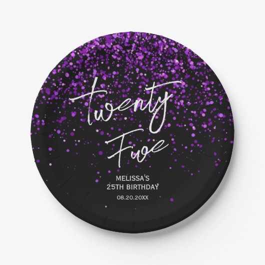 funkelnder Lila Glitzer Schwarz jedes Alters Gebur Pappteller (Vorderseite)