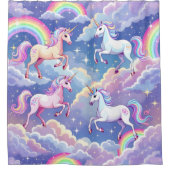 Funkelnder Regenbogen und Einhörner auf Wolken Duschvorhang (Vorderseite)