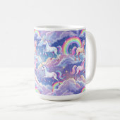 Funkelnder Regenbogen und Einhörner auf Wolken Kaffeetasse (VorderseiteRechts)