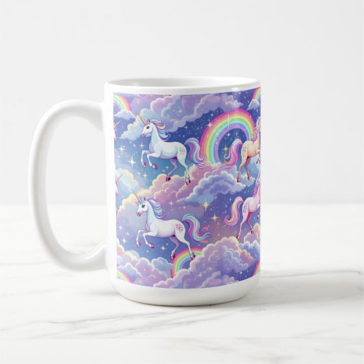 Funkelnder Regenbogen und Einhörner auf Wolken Kaffeetasse (Links)