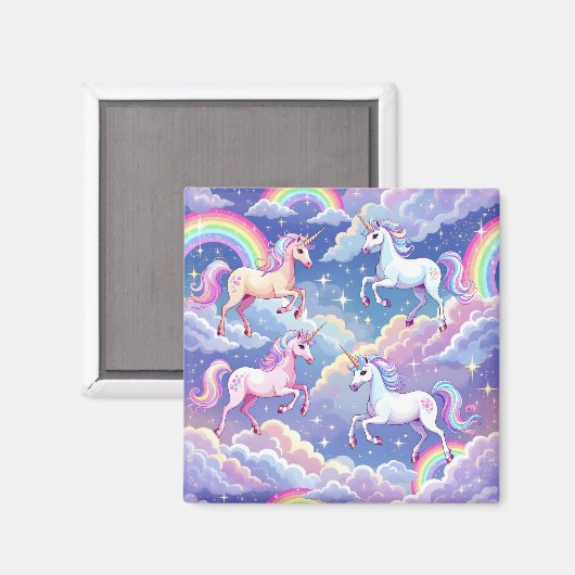 Funkelnder Regenbogen und Einhörner auf Wolken Magnet (Vorderseite/Rückseite)