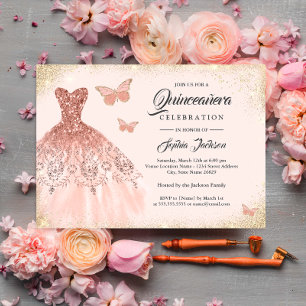 Funkelnder Roségold-Kleid-Schmetterling-Quinceaner Einladung