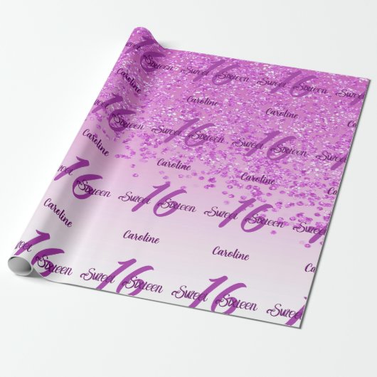 funkelnder Sweet 16 Fallender Pink-Glitzer Geschenkpapier (Ungerollt)