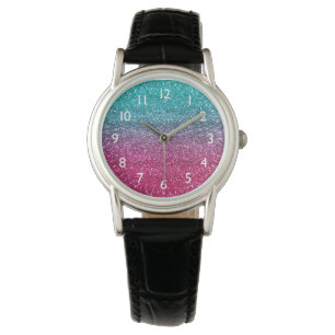 Funkelndes Blau und dunkler rosa Farbverlauf Glitt Armbanduhr