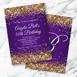 Funkelndes Gold Glitter Königliches Lila 50. Gebur Einladung