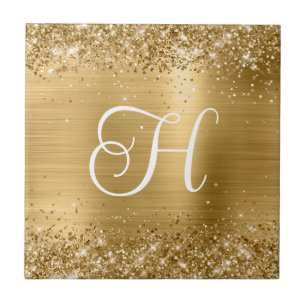 Funkelndes Gold Glitter und Folien-Monogramm Fliese