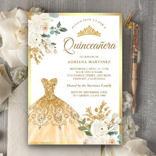 Funkelndes Kleid Elfenbein Blumen Gold Quinceanera Einladung