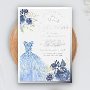 Funkelndes Kleid Pastellblaue Rosen Quinceanera Folieneinladung