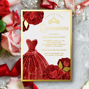 Funkelndes Kleid Rote Rosen Quinceanera Gold Folieneinladung