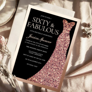 Funkelndes Kleid & Schwarz 60. Geburtstag Rose Gol Folieneinladung