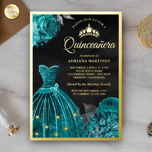 Funkelndes Kleid Türkis Rosen Schwarze Quinceanera Folieneinladung