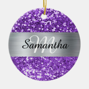 Funkelndes lila Glitter Silberfolie Monogramm Keramik Ornament