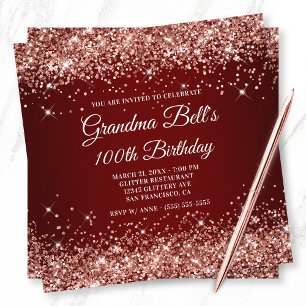 Funkelndes Roségold-Glitter Dunkelroter 100. Gebur Einladung