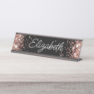 Funkelndes Roségold-Glitter Schwarz Schreibtischnamensplakette