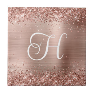 Funkelndes Roségold-Glitter und Folien-Monogramm Fliese