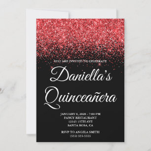 Funkelndes rotes Glitter Schwarzes Quinceañera Einladung