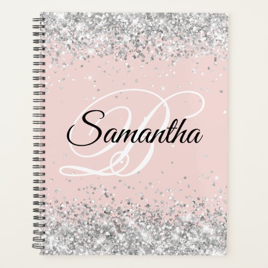 Funkelndes Silber Glitter Blush Fancy Monogramm Planer (Vorderseite)