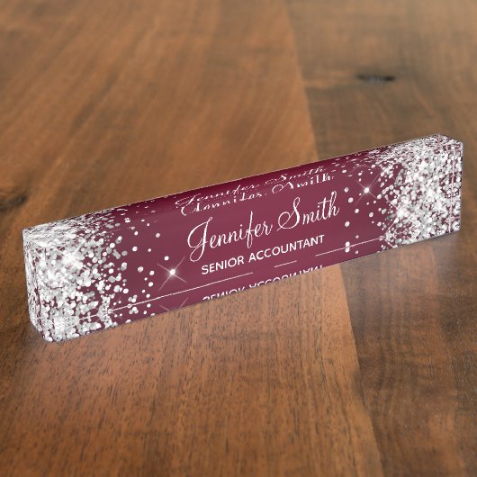 Funkelndes Silber Glitter Burgunder Gradient Namensplakette (Seite)
