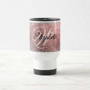 Funkelndes Silber Glitter Rose Blush Folie Monogra Reisebecher