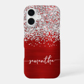 Funkelndes Silber Glitter Rot Glam Name iPhone 16 Hülle (Rückseite)